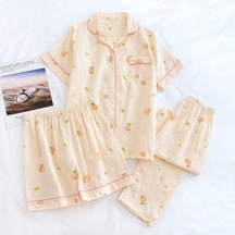 Pamuklu Pijama Kadın 3 Adet Set Baskılı Moda Saf Pamuk Çift Katmanlı Gazlı Bez Şort/uzun Pantolon Pijama Sarı