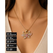 Butterfly Kadın Kolye Altın Renk Paslanmaz Çelik Pembe Detaylı Hediye Altın - Gümüş