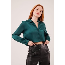 Saten Crop Model Yeşil Gömlek Yeşil