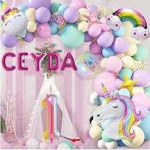 5 Harfli Yaş Seçenekli Gökkuşağı Konseptli Unicorn Temalı Makaron Balon Doğum Günü Parti Kutlama Seti 7