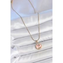 Zarif Kadın İçin Golden Çelik Zincir Pembe Mini Çiçek İnci Portre Kolye Metalik