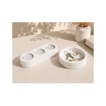 Taş Tozu Dekoratif Organizer Ve 3'lü Tealight Mumluk Seti Takılık, Anahtarlık, Ev Dekoru 3 Adet Tealight Mum Hediyeli Beyaz - 902046077 Beyaz - 902046077