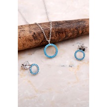 Sümer Telkari Turkuaz Tamtur Taşlı Rodyumlu Gümüş Küpe Kolye Seti 2605