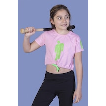 Toontoy Kids Toontoy Kız Çocuk Crop Model Baskılı Taş İşlemeli Tişört Pembe