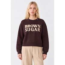 Quzu Brown Sugar Nakış Detaylı İçi Yumuşak Kadın Sweatshirt Kahverengi Kahverengi