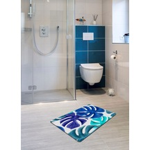 Mavi Yaprak Desenli 40X60 Cm Kaymaz Deri Taban Banyo Paspası