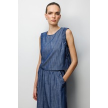 On Kadın Yanları Bağcıklı Crop Bluz 74320 Indigo Indigo