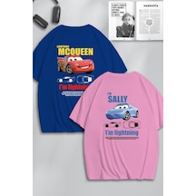 Unisex Kadın Erkek Şimşek Mcqueen & Sally Sırt Baskılı Sevgili Çift Kombini Tasarım Oversize Tshirt Mavi Pembe Mck0477 Çok Renkli