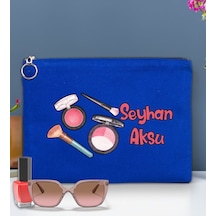 Bk Gift Kişiye Özel İsimli-1 Astarlı Mavi Portföy Çanta 30x21cm, Baskılı El Çantası, Organizer Çanta