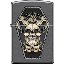 Zippo Horned Skull And Inverted Pentagram İn Coffin - Classic Gray Dizayn Çakmak Gri