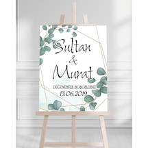 Söz Nişan Düğün İçin 50x70 Karşılama Panosu - Yeşil Yaprak Tasarımlı 001 Beyaz