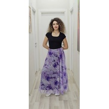 Bel Lastikli Kloş Desenli Şifon Etek 6003-mor Mor
