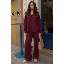 Madmext Bordo Keten Kadın Gömlek Pantolon İkili Takım Mg2356