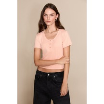 Grımelange Ernestıne Kadın Önden Düğmeli Yuvarlak Yaka Kısa Kollu Yavruağzı T-shirt