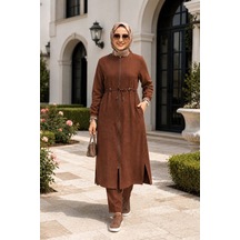 Hb Harma Time Butik Kadın Ribanalı Fermuarlı Kahverengi Keten Tunik Pantolon İkili Takım Acı Kahve Acı Kahve