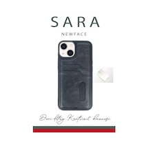 Apple iPhone  Uyumlu-  14 Kılıf Sara Kartvizitli Deri Kılıf - Lacivert