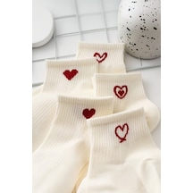 Hitit Socks Kadın 5 Çift Kalp Desenli Kısa Patik Çorap Ekru beyaz