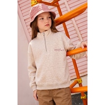 Fullamoda 3 İplik Yarım Fermuarlı Dik Yaka Kız Çocuk Sweatshirt Bej
