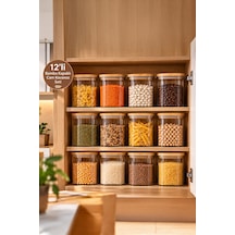 Porsima 5-4 Bambu Vakumlu Kapaklı Kare Borsilikat Cam 12li Kavanoz Seti Saklama Kabı 750ml 7,5x15cm