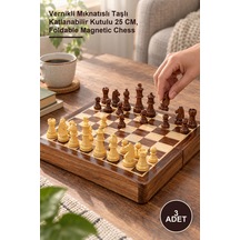 3 Adet Ahşap Satranç Takımı Vernikli Mıknatıslı Taşlı Katlanabilir Kutulu 25 Cm, Foldable Magnetic Chess