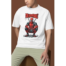 Deadpool Süper Kahraman Baskılı Unisex Oversize Film Kahramanı Ti Beyaz