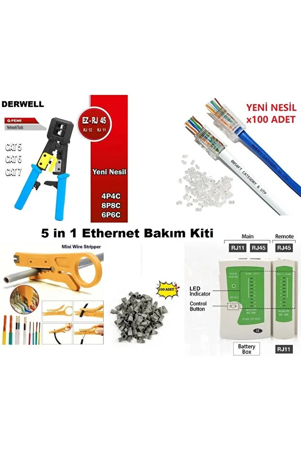 Yeni Nesil Pense + 100'lü Cover + Delikli 100 Lü Jak + Test Cihazı + Kablo Soyucu 5 İn 1 Bakım Seti Network Set
