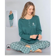 Melodi Kadın Standart Kalıp %100 Pamuk Düğmeli Yaka Uzun Kol Baharlık Pijama Takımı 16167- 1 Adet Yeşil