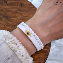 Balık Burçlarına 14 Ayar Altın Plakalı Oval Motifli Doğal Beyaz Derili Hediye Bileklik-380burç Balık