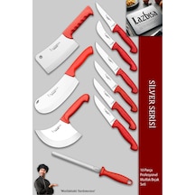 Lazbisa MFP-001 Silver Pro Serisi Mutfak Bıçak Seti 10 Parça Et Ekmek Sebze Soğan Börek Bıçağı Satırı Kırmızı