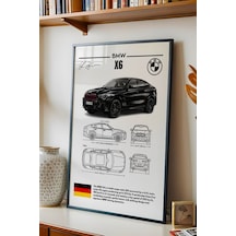 Bmw X6 Tablo - Teknik Özellikli Alman Spor Coupe Suv Poster - Çerçeveli Duvar Dekoru - Blueprint Siyah