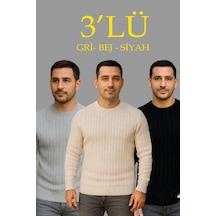 Butik İstanbul Erkek Fitilli Triko Kazak 3lü Set Bej Gri Siyah Regular Fit Bisiklet Yaka Triko Seti Kazak Modeli Siyah - Bej - Gri