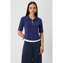 On Kadın Yakası Fermuarlı Kısa Kollu Bluz 76305 Indigo Indigo