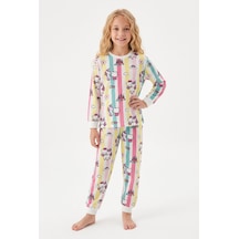 Bunny Hopp Kız Çocuk Uzun Kollu Pijama Takımı %100 Pamuk Renkli Çizgili Unicorn Ve Kedili Penye Çok Renkli