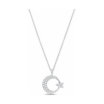 Çekirdekjewelry 925 Ayar Gümüş Rodyum Kaplama Zirkon Taşlı Ay Yıldız Kolye Parlak Ve Şık Tasarım Gri