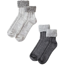 2Li Gri/Siyah Kalın Kışlık Bileği Pofuduk Kadın Bot Çorabı