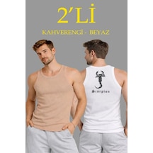 Zenna Tarz Erkek Spor Fitilli Atlet 2li Set Kahverengi Ve Beyaz Slim Fit Kaşkorse Arka Baskılı Spor Atlet Çok Renkli