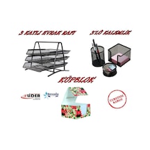 3 Katlı Metal Evrak Rafı + Kalemlik Seti + Küp Not Kağıdı
