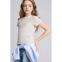 Defacto Slim Fit Dar Kesim Bisiklet Yaka Çizgili Fitilli Kaşkorse Kısa Kollu Tişört Kız Çocuk B6692A824SM Gri