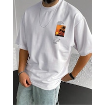 Beach Logo T-shirt - Beyaz Baskılı Oversize Bisiklet Yaka Kısa Kol Tişört Beyaz