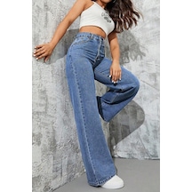 Palazzo Pantolon Orta Mavi Yüksek Bel Geniş Paça Bol Kesim Premium Jeans Orta Mavi