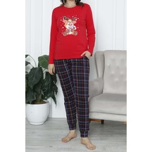 Kadın Pijama Takımı Uzun Kollu Cepli Likralı Pamuklu Ekose Yılbaşı Sevgililer Günü Kırmızı 96738 R02
