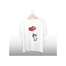 Panda Balonlar Detaylı Unisex Tişört Beyaz