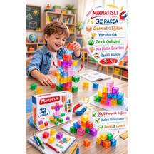 Magnetic Renkli Küp Blok İnşa Seti 32 Parça Geometri Eğitimi Stem 3+ 2 Cm Küpler