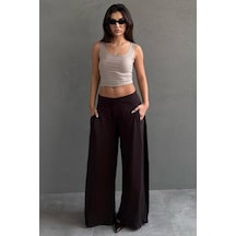 Madmext Kahverengi Dökümlü Cepli Krep Kumaş Wide Leg Pantolon Mg2668 Kahverengi