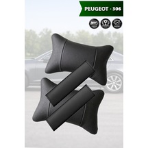 Peugeot 306 Uyumlu Deri Yastık Lüks Siyah Deri Kemer Koruyucu Set