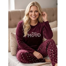 Büyük Beden Likralı Yumuşak Dokulu Uzun Kollu Kadife Pijama Takımı Bordo