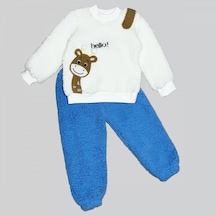 Melonika 1-2-3 Yaş Hello Zürafa Nakışlı Kuzu Kumaş Sweat Pantolon Uzun Kollu Kız Erkek 2 Li Takımı Saks Mavisi Çok Renkli