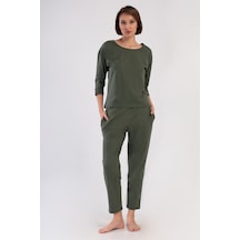 Yake Store Kadın P.suprem O Yaka Dusuk Omuzlu 3/4kol Pılelı Ceplı 7/8 Boy Pıjama Takım - Meadow Yeşil