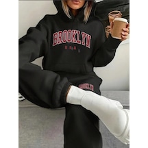 Harmandar Brooklyn Usa Kışlık Alt Üst Takımı Sweatshirt Eşofman Altı - Siyah Baskılı Oversize Kapüşonlu Siyah