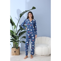 Pemilo Kadın 30013 Boydan Düğmeli Uzun Kol Pijama Takımı Mavi Mavi